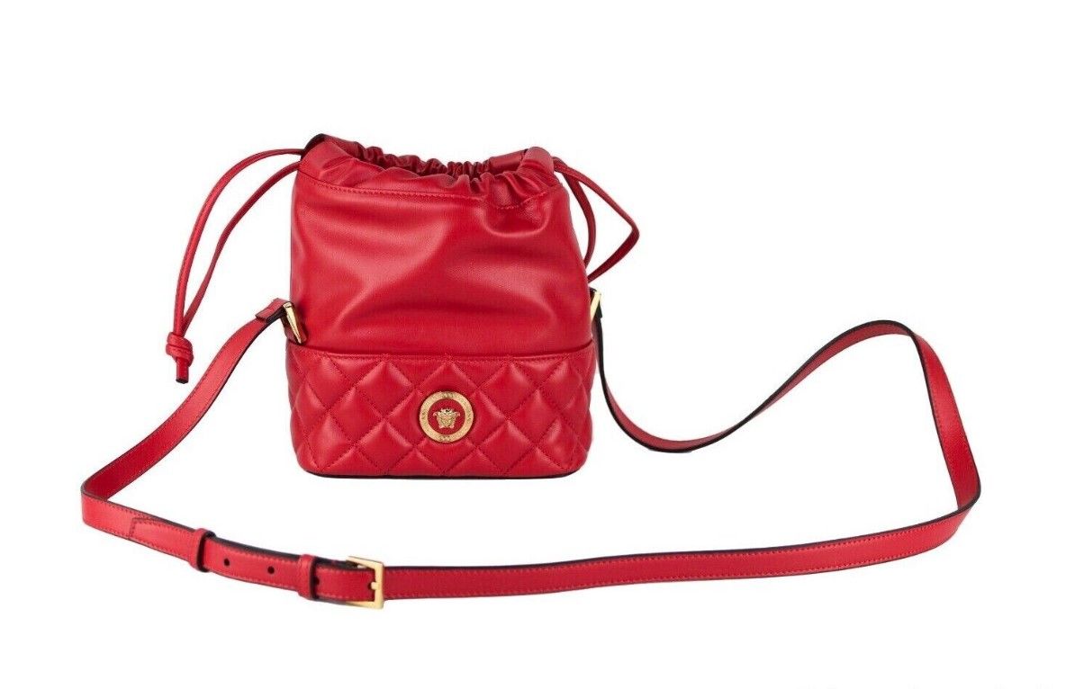 Sac à bandoulière en cuir matelassé rouge avec cordon de serrage, sac à main seau