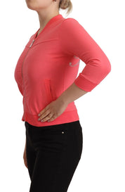 Pull rose orné de fermeture éclair à manches 3/4