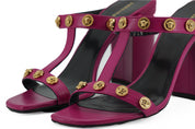 Lilafarbene Kalbsleder-Sandalen mit hohem Absatz