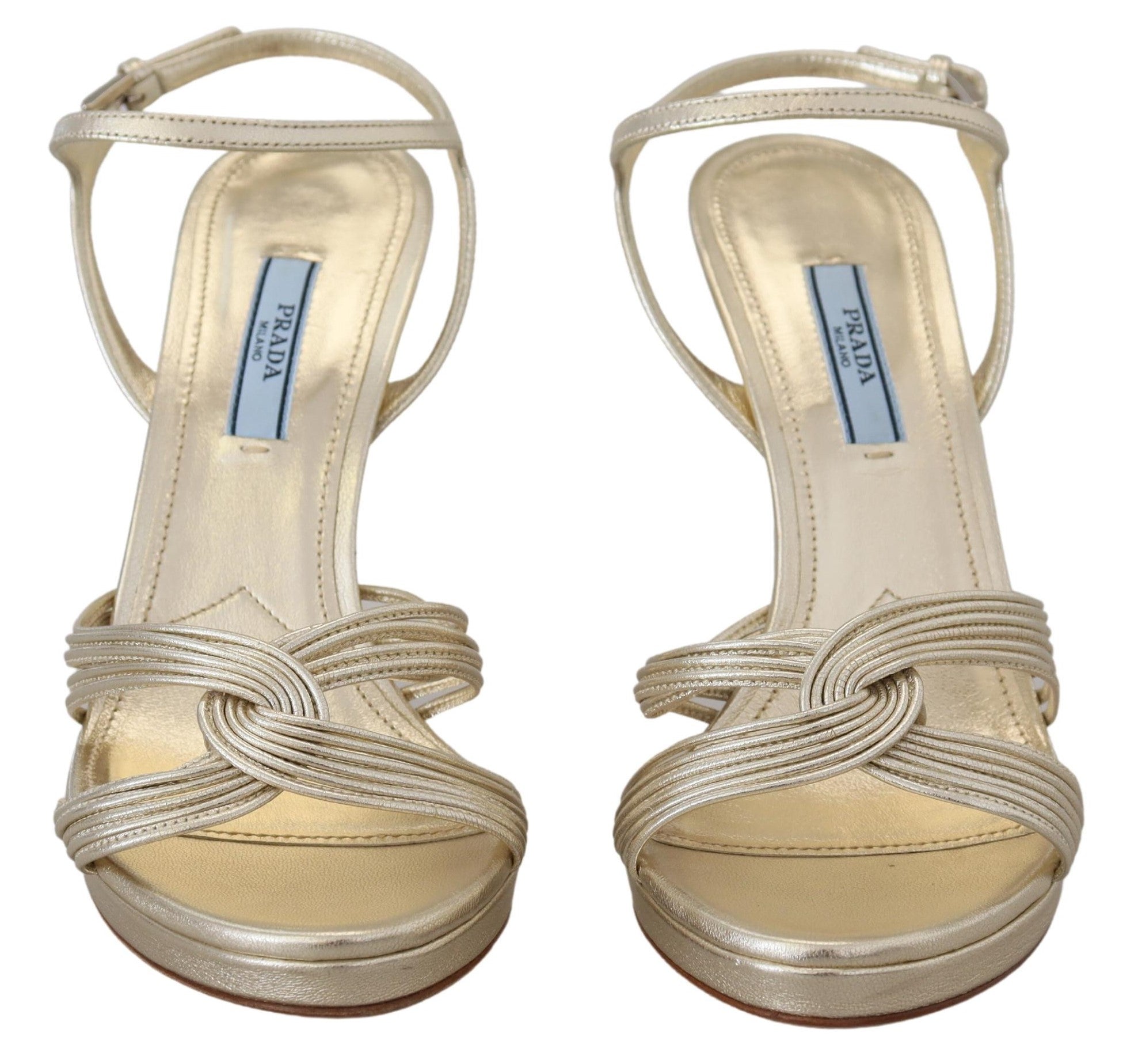 Sandales en cuir doré, bride à la cheville, talons aiguilles