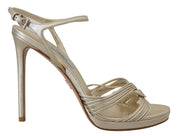 Sandales en cuir doré, bride à la cheville, talons aiguilles
