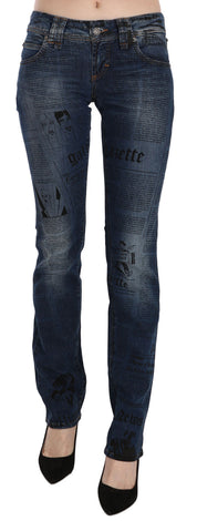 Pantalon en denim skinny taille basse bleu imprimé journal