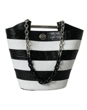 Black White Striped Exotic Skin Leather Maxi Bucket Tote Bag