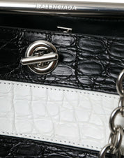 Black White Striped Exotic Skin Leather Maxi Bucket Tote Bag