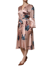 Pink Satin Floral Long Sleeves A-line Midi Dress