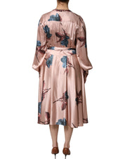 Pink Satin Floral Long Sleeves A-line Midi Dress