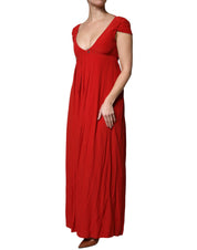 Red Acetate Short Sleeves Plunging Neckline Maxi Dress