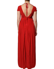 Red Acetate Short Sleeves Plunging Neckline Maxi Dress