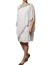 White Floral Embroidery Viscose Chiffon Shift Dress