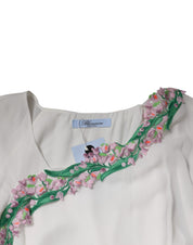 White Floral Embroidery Viscose Chiffon Shift Dress