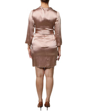 Pink Satin Long Sleeves Sheath Wrap Mini Dress