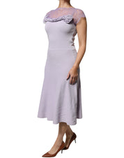 Purple Short Sleeves Floral Lace Trim A-line Midi Dress