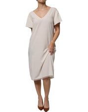 Off White Short Sleeves V-neck Shift Midi Dress