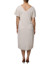Off White Short Sleeves V-neck Shift Midi Dress