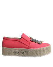 Pink Canvas Crystal Embellished Slip On Shoes