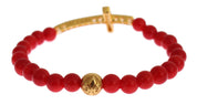 Rotes Korallen-Gold-CZ-Kreuz-Armband aus 925er Silber