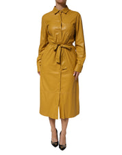 Polyester Belted Shirt Midi Long Sleeve Yellow Mustard