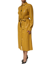 Polyester Belted Shirt Midi Long Sleeve Yellow Mustard