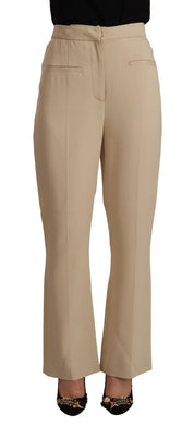 Beige Viscose High Waist Flared Dress Trouser Pants