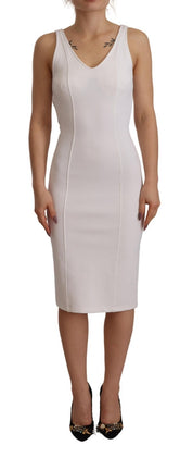 Rayon White Sleeveless V-neck Sheath Midi Dress