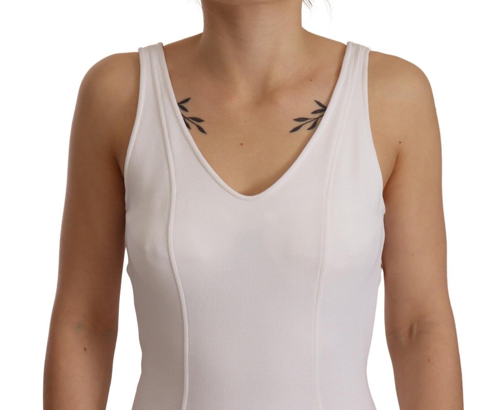 Rayon White Sleeveless V-neck Sheath Midi Dress