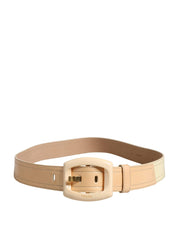 Beige Leather Logo Wide Waist Women Square Buckle Belt