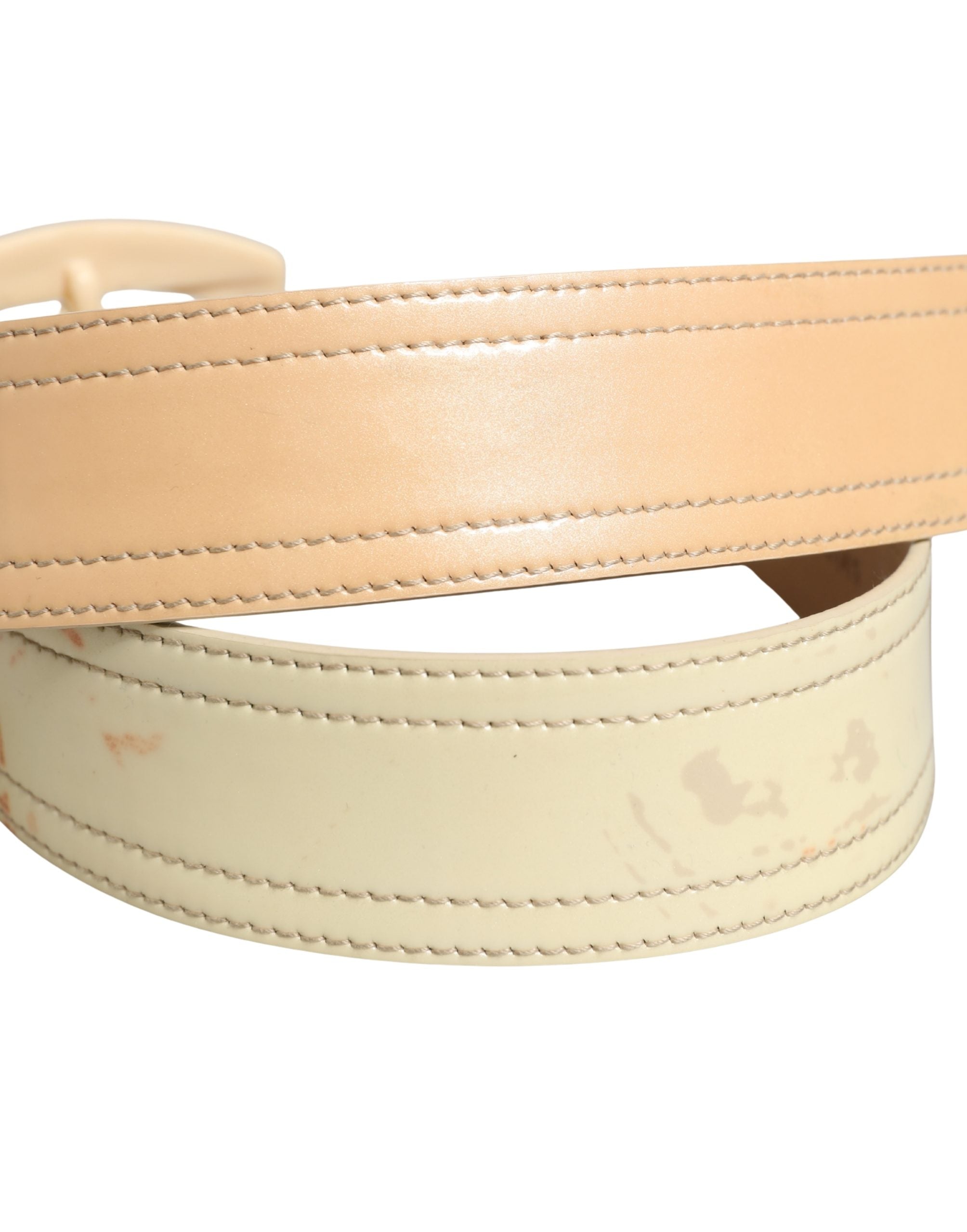 Beige Leather Logo Wide Waist Women Square Buckle Belt