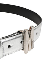 Silver Leather Logo Metal Buckle Waist Belt