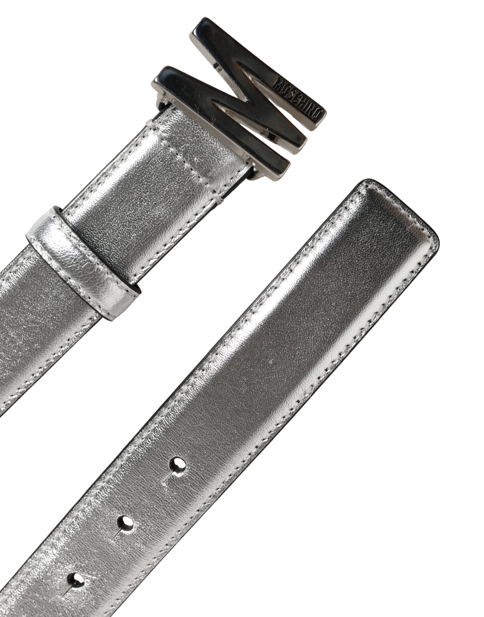 Silver Leather Logo Metal Buckle Waist Belt