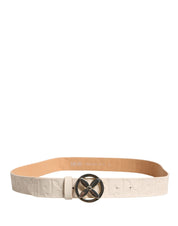 Beige Leather Wide Waist Silver Metal Buckle Waist Women Belt