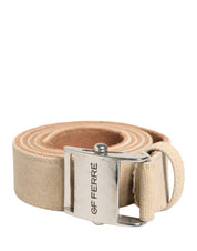 Men Beige Canvas Silver Metal Buckle Cintura Belt