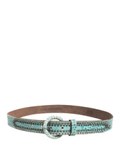 Women Green Leather Croco Print Studded Belt