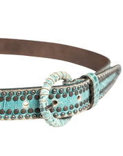 Women Green Leather Croco Print Studded Belt