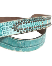 Women Green Leather Croco Print Studded Belt