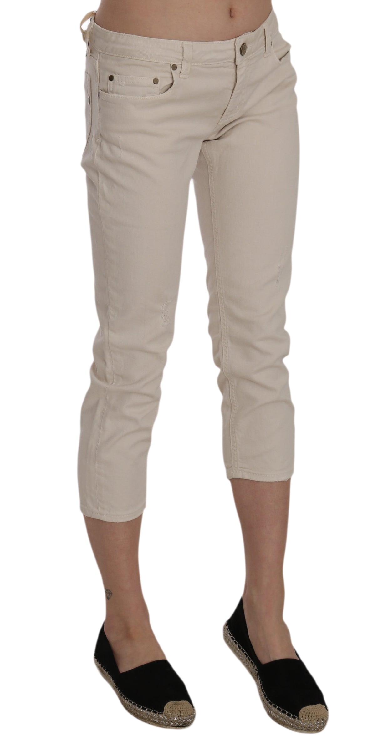 Jean capri court skinny taille basse en coton stretch beige