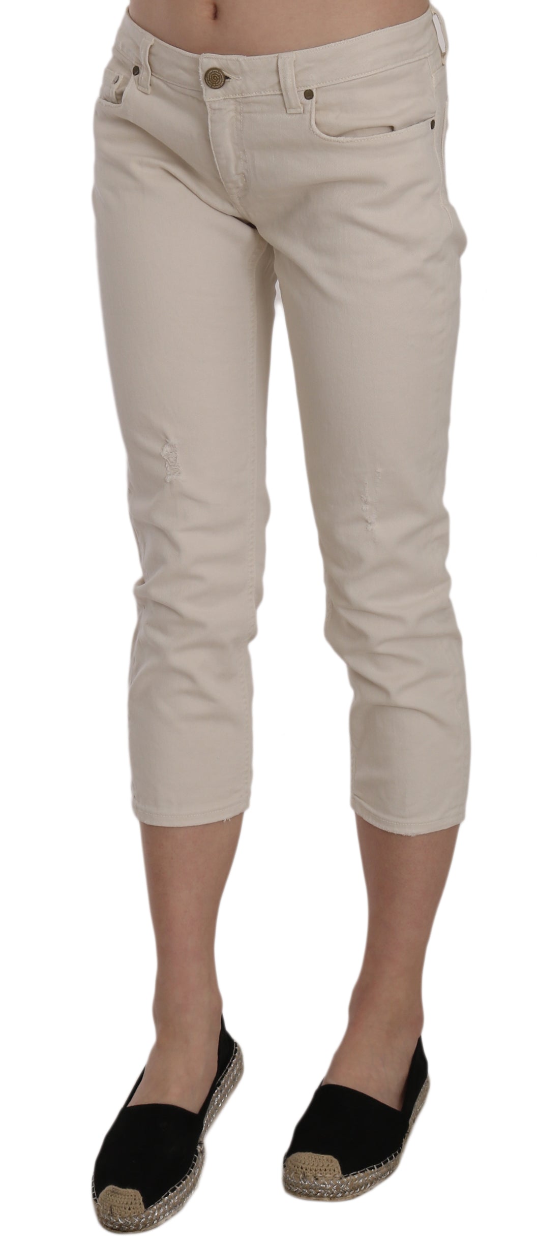 Jean capri court skinny taille basse en coton stretch beige