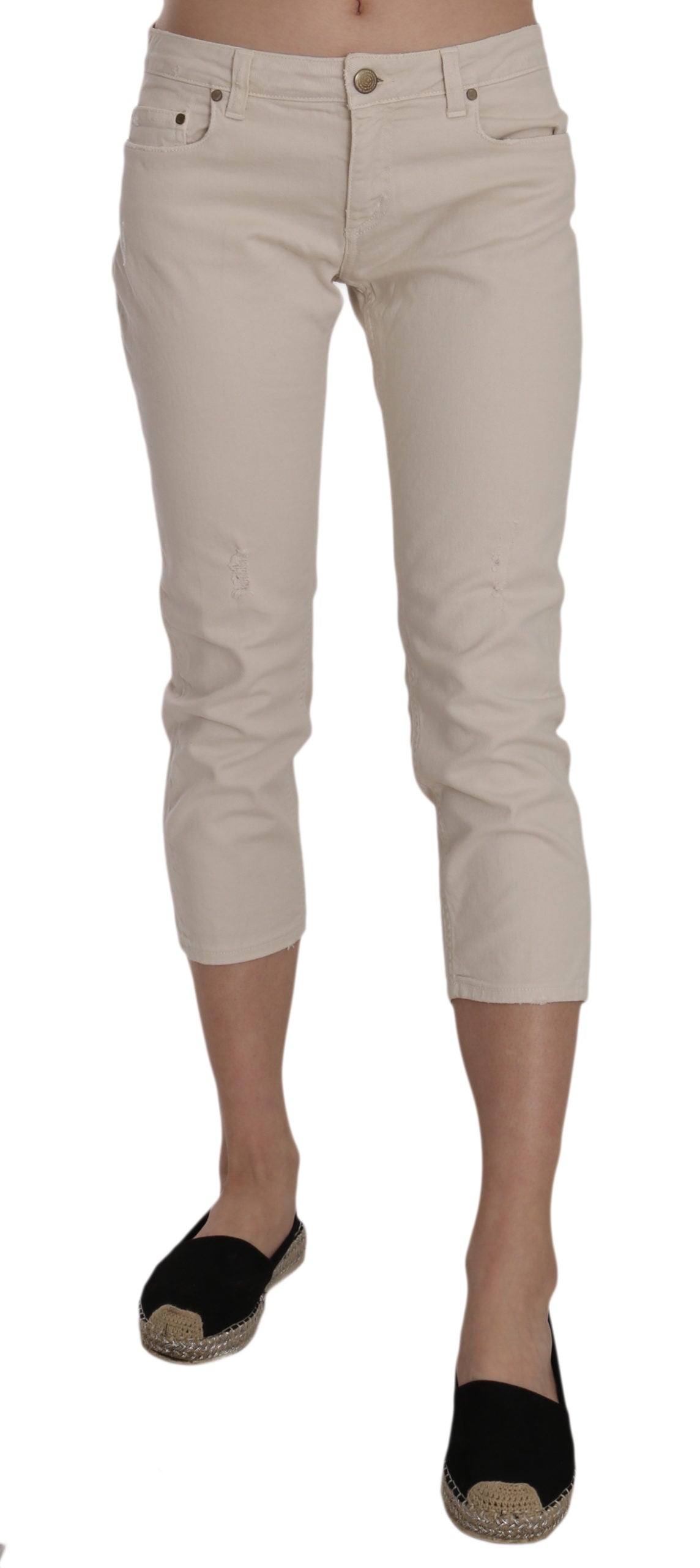 Jean capri court skinny taille basse en coton stretch beige