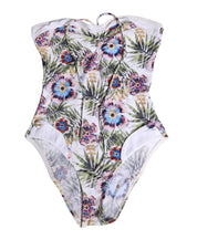 White Floral Print Strapless One-Piece Swimsuit Swimwear
