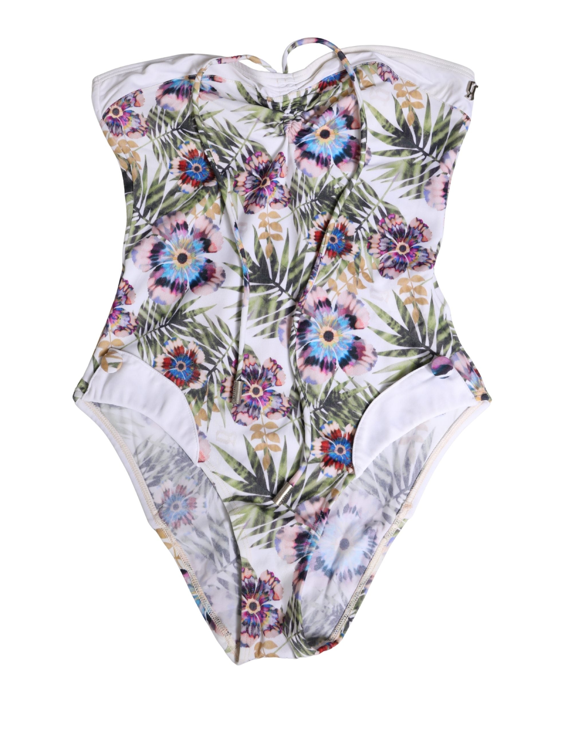 White Floral Print Strapless One-Piece Swimsuit Swimwear