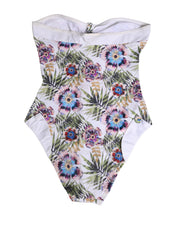 White Floral Print Strapless One-Piece Swimsuit Swimwear