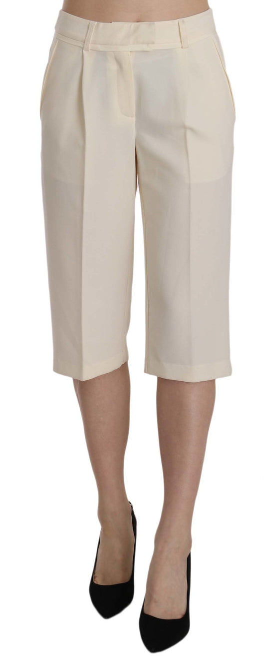 Pantalon court droit en coton crème taille moyenne