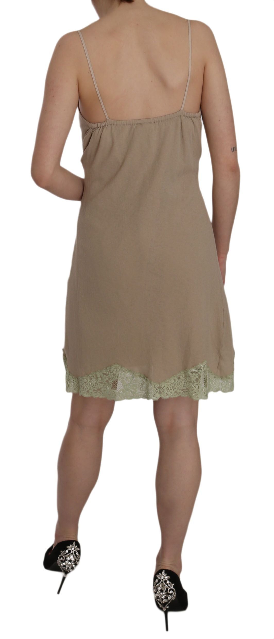 Mini-robe en coton beige à bretelles fines et dentelle