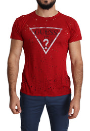 T-shirt perforé en coton rouge avec logo imprimé pour hommes