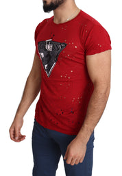 T-shirt perforé en coton rouge avec logo imprimé pour hommes