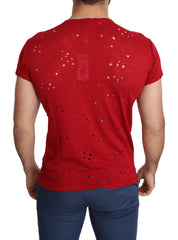 T-shirt perforé en coton rouge avec logo imprimé pour hommes