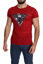 T-shirt perforé en coton rouge avec logo imprimé pour hommes