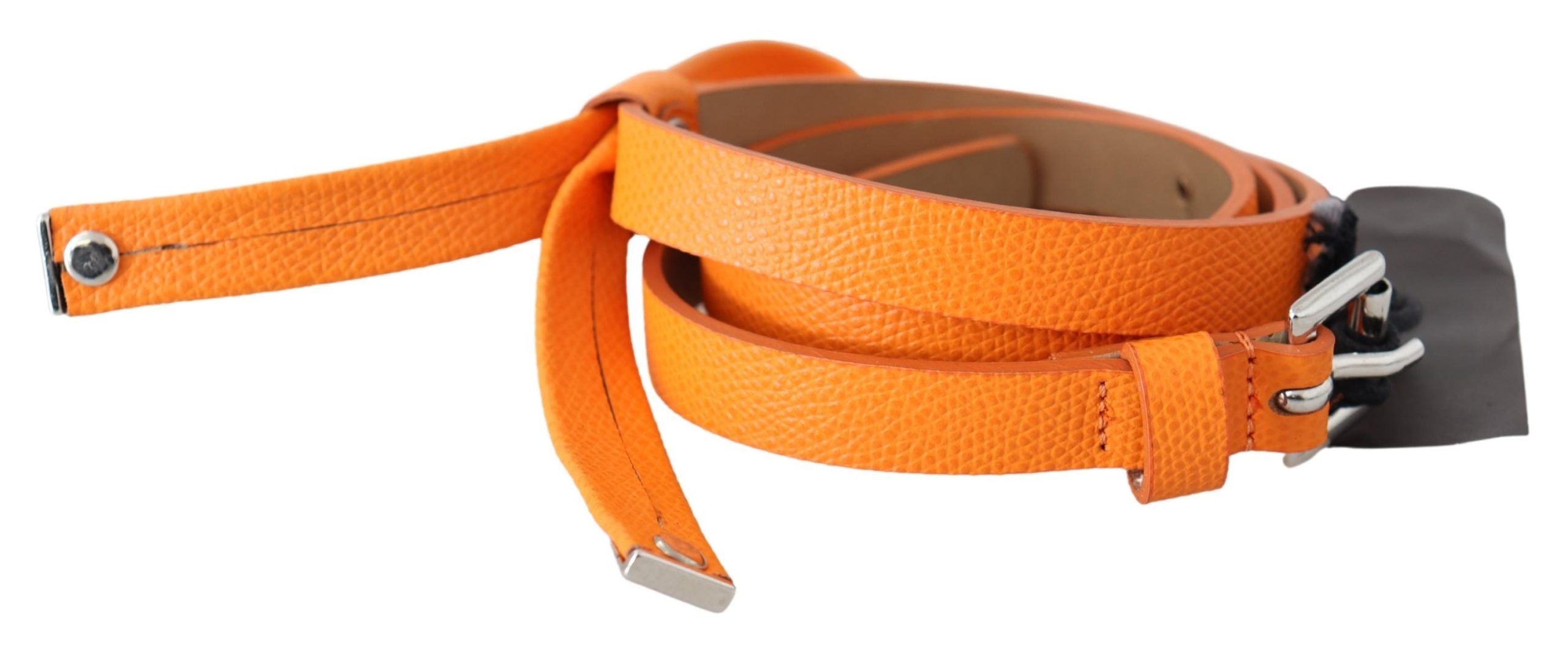 Ceinture fine en cuir orange mandarine avec boucle en métal argenté