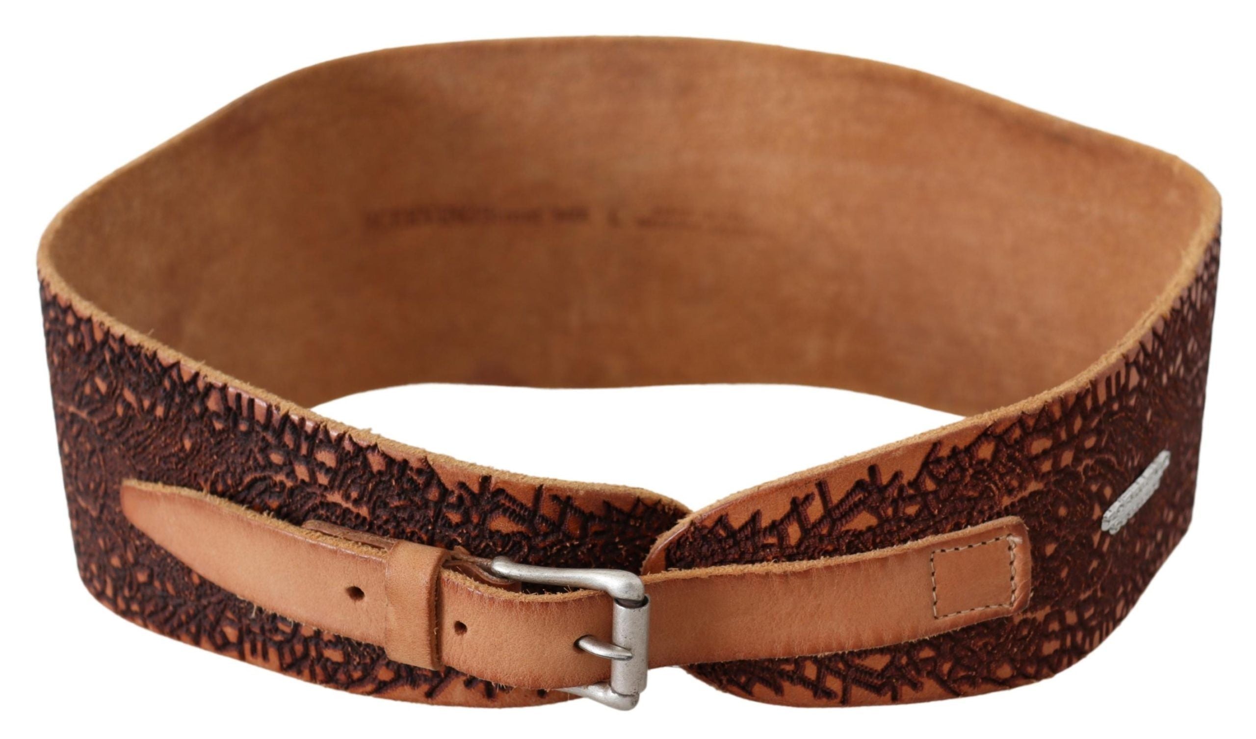 Ceinture large en cuir marron avec logo brodé