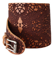 Ceinture large en cuir marron avec logo brodé