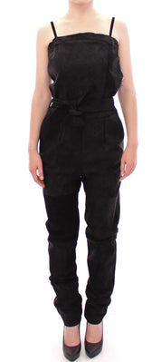 Elegant Black Leather Jumpsuit with Waist Strap